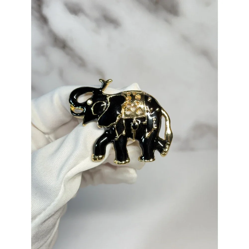 Vintage Black Enamel Elephant Brooch Gold Tone Rhinestone Figural Pin
